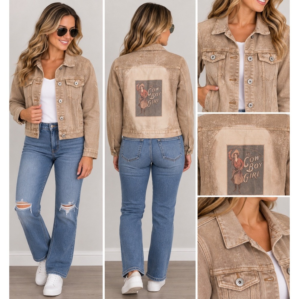 Cotton On 91 Tan Acid Wash Denim Jacket The Cowboy Girl Graphic Cropped Size 2